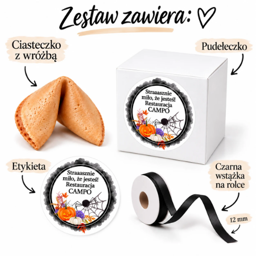 Zawartość zestawu: ciasteczko z wróżbą, białe pudełeczko, etykieta i czarna wstążka