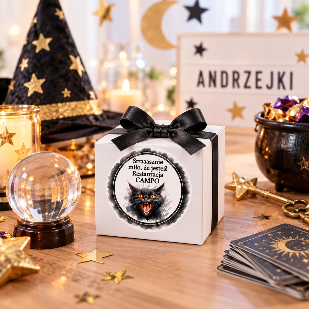Andrzejkowe ciasteczko w białym pudełku przy magicznej kuli i dekoracjach wieczoru wróżb