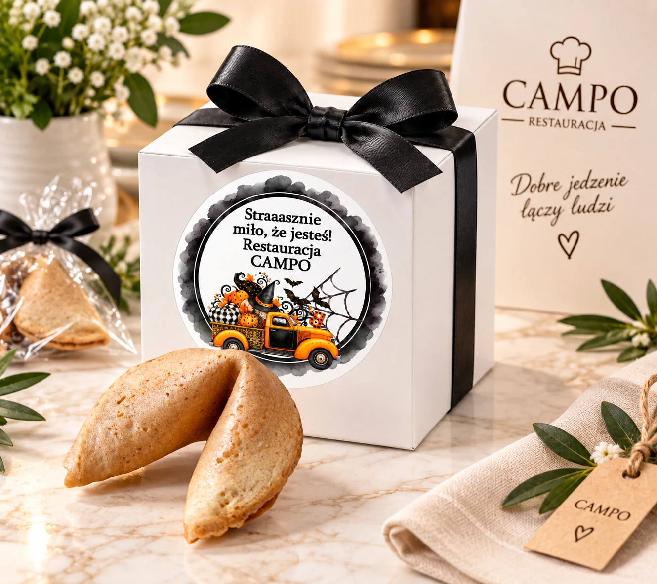 Ciasteczko z wróżbą i białe pudełeczko z personalizowaną etykietą dla gości restauracji