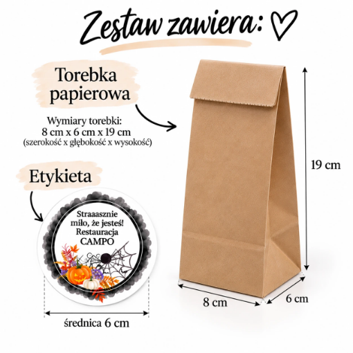 Papierowa torebka na Halloween 8 × 6 × 19 cm i etykieta o średnicy 6 cm
