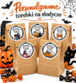 Torebki na słodycze na Halloween z etykietami z kotem, dynią, kokardą, skrzatem i samochodem