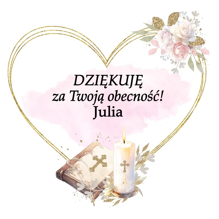 Uniwersalna grafika dla dziewczynki z serduszkiem na różowym tle z motywami na chrzest 