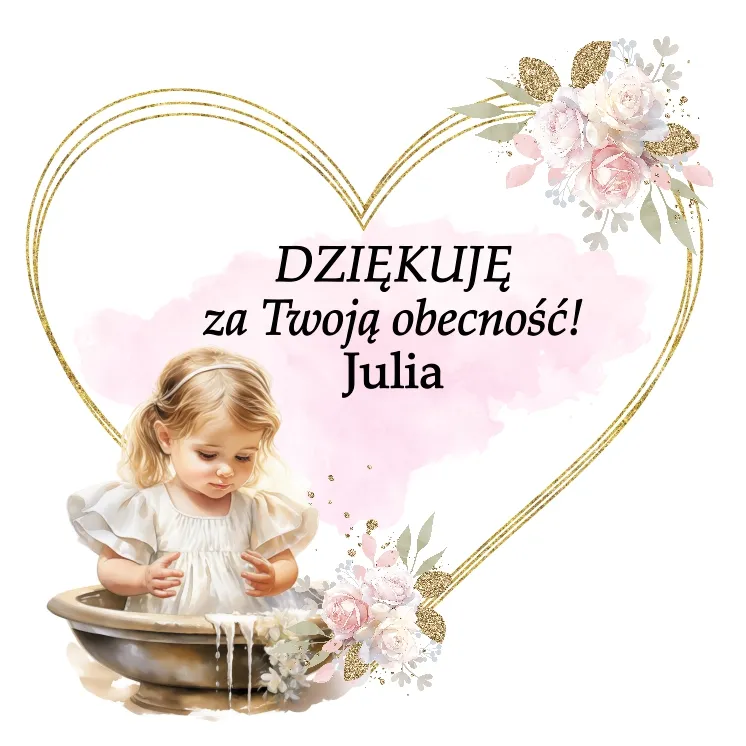 Mała dziewczynka w białej sukience, stojąca przy fontannie, z napisem 'DZIĘKUJĘ za Twoją obecność! + Imię dziecka' w romantycznej oprawie kwiatowej