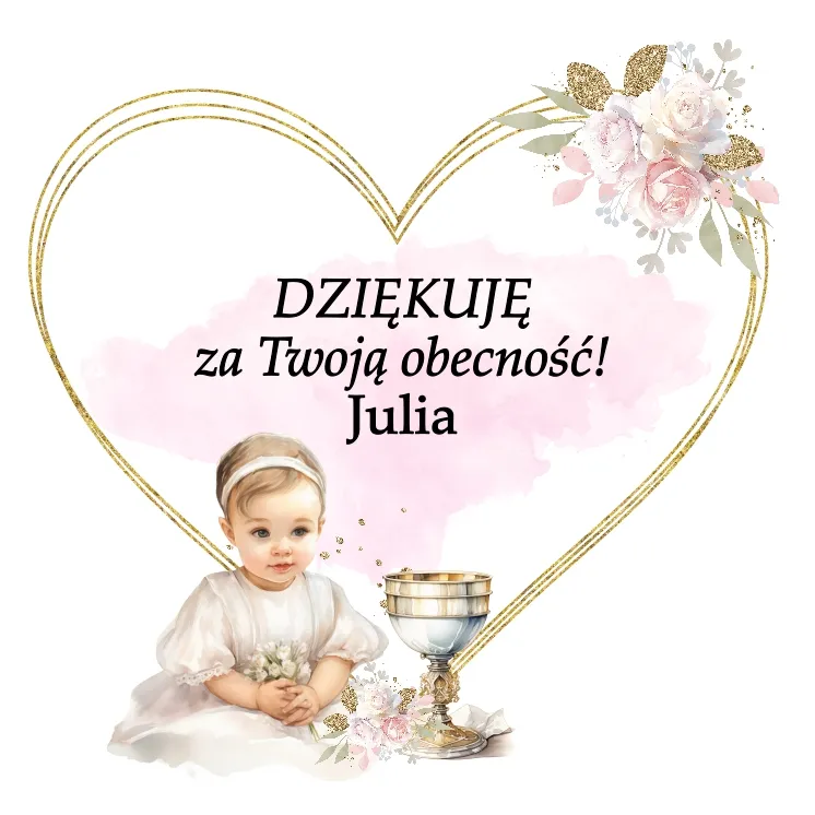 Grafika podziękowania za obecność z uroczą dziewczynką w białej sukience + kielich. Napis 'DZIĘKUJĘ za Twoją obecność! z imieniem dziecka