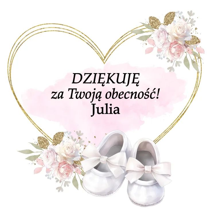 Piękne białe buciki z kokardkami w delikatnej kompozycji kwiatowej w pastelowych odcieniach z napisem 'DZIĘKUJĘ za Twoją obecność! + imię dziecka