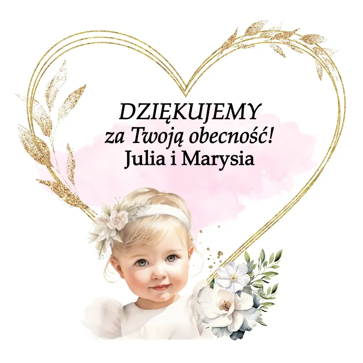 Grafika słodkiej dziwczynik w ramce z serca + napis  DZIĘKUJĘ za Twoją obecność