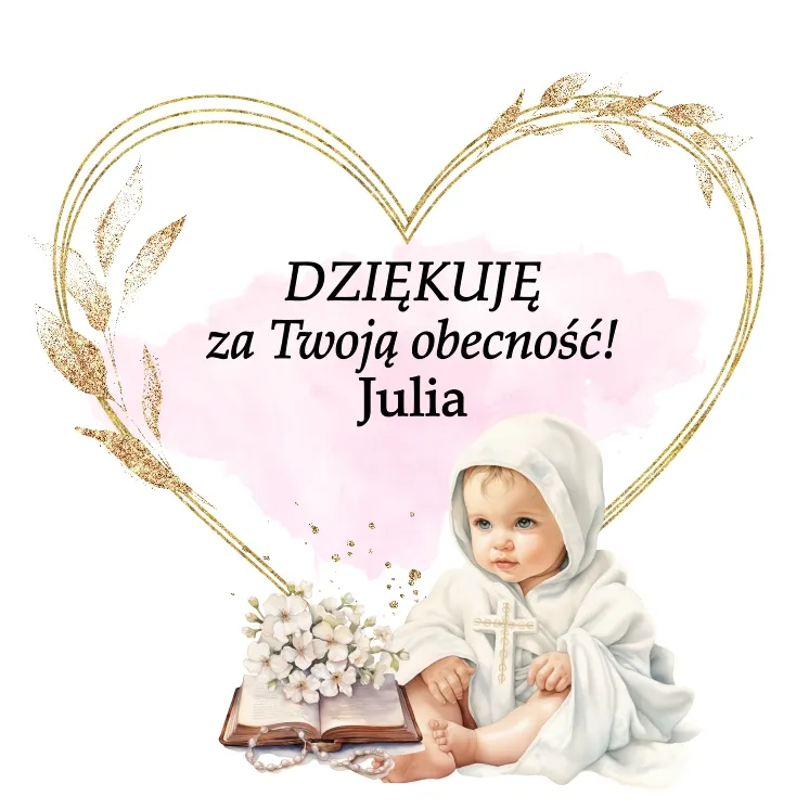 Grafika - Małe dziecko w białym płaszczyku z książką i kwiatami, symbolizujące chrzest. Napis 'DZIĘKUJĘ za Twoją obecność + imie dziecka 
