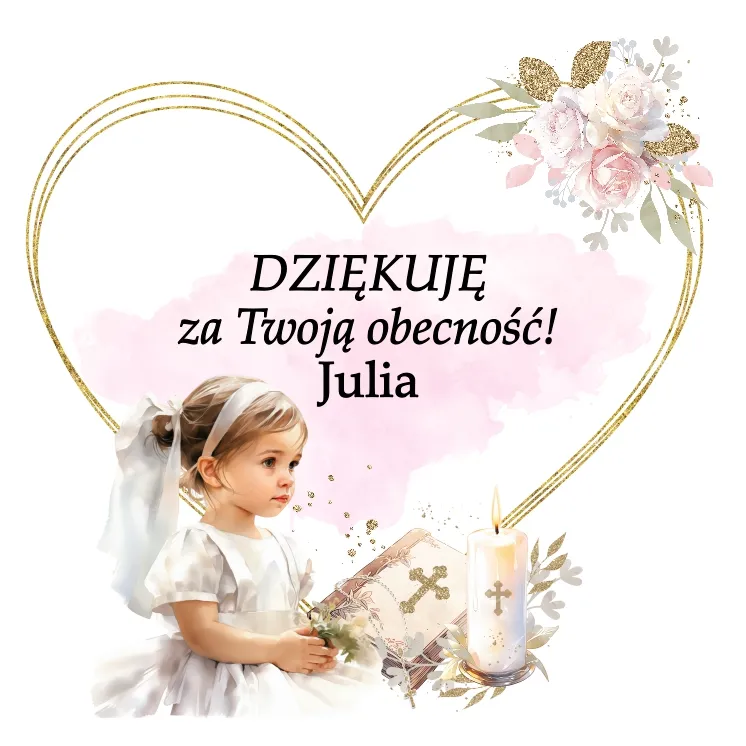 Mała dziewczynka w białej sukience z książką i świecą, symbolizująca chrzest. Napis 'DZIĘKUJĘ za Twoją obecność! 