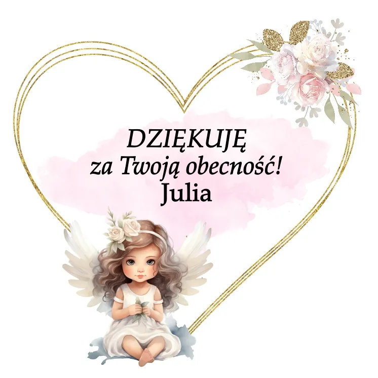 Dziewczynka w białej sukience z piękną fryzurą, symbolizujący duchowy moment. Napis 'DZIĘKUJĘ za Twoją obecność! 