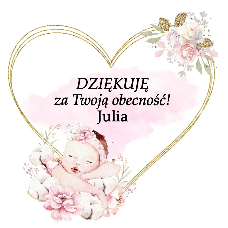 Śliczne śpiące niemowlę w różowych kwiatach z napisem DZIĘKUJĘ za Twoją obecność! 