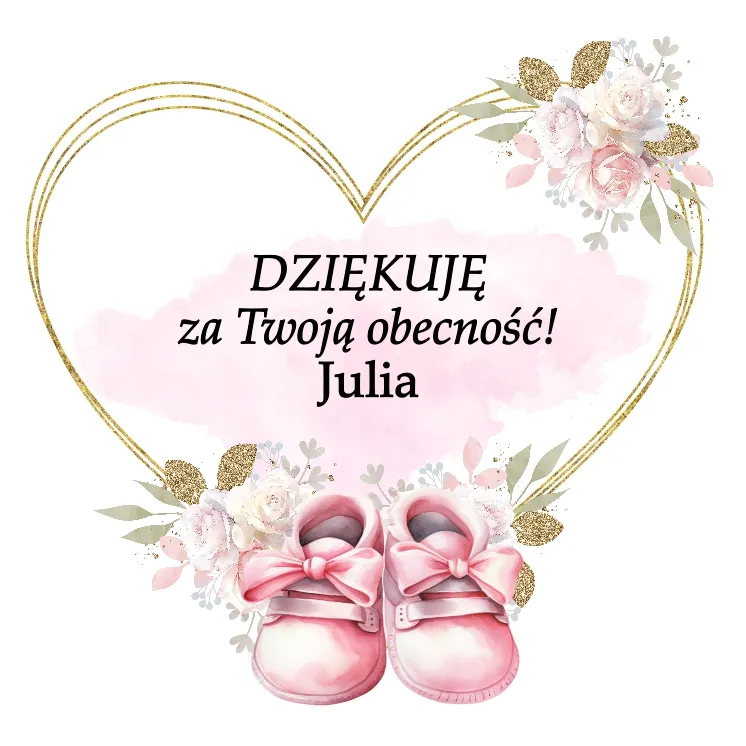 Spersonalizowana grafia z podziękowaniami dla gości chrztu z różowymi bucikami dziecięcymi, delikatnym kwiatowym tłem i imieniem dziecka