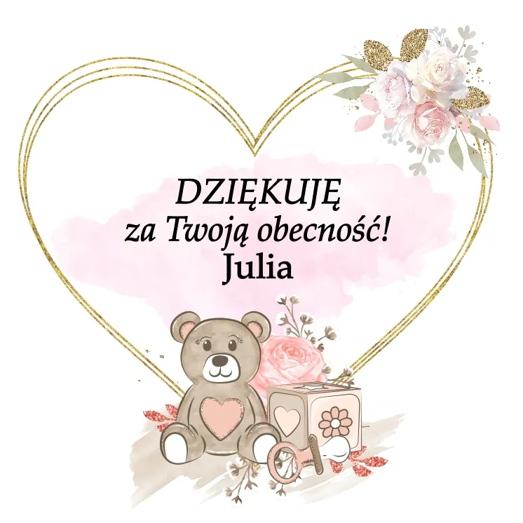 Grafika podziękowaniami dla gości chrztu, przedstawiająca misia z różowym seruszkiem, otoczony zabawkami + personalizacja imieniem dziecka