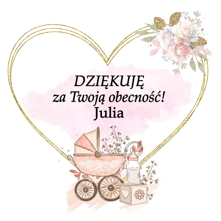 Grafika podziękowania dla gości chrztu w postaci różowego wózka dziecięcego i dekoracji z zabawek, spersonalizowanego imieniem 
