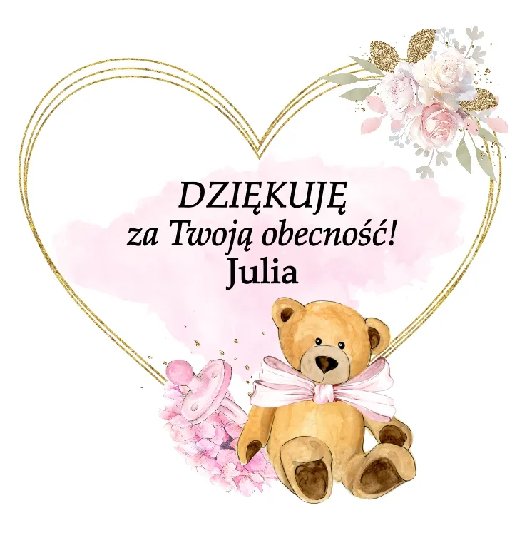 Grafika podziękowaniami dla gości chrztu, przedstawiająca misia z różową kokardą, otoczoną kwiatami + personalizacja