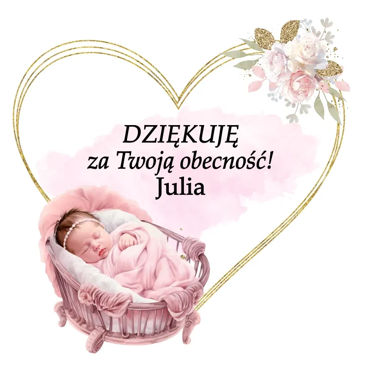 Grafika podziękowaniami dla gości chrztu, przedstawiająca śpiące niemowlę w różowym łóżeczku z delikatnymi kwiatowymi akcentami, spersonalizowana dla 