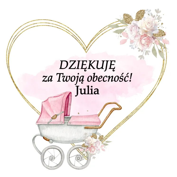 Grafika podziękowania dla gości chrztu w postaci różowego wózka dziecięcego i dekoracji kwiatowej, spersonalizowanego imieniem dziewczynki 