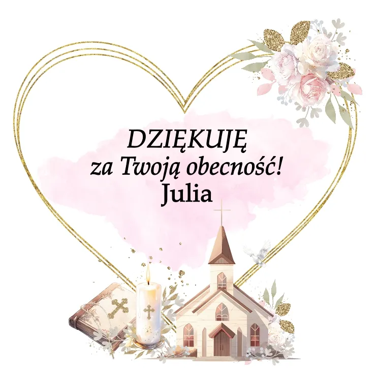 Grafika z podziękowaniami dla gości na chrzest świety zawierająca kościół, świecę i Biblię, spersonalizowaną dla dziewczynki, na delikatnym kwiatowym tle