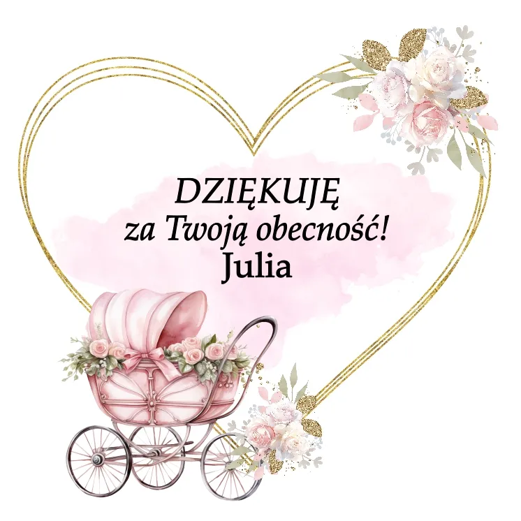 Grafika podziękowania dla gości chrztu świętego w postaci różowego wózka dziecięcego i dekoracji kwiatowej, spersonalizowanego imieniem 