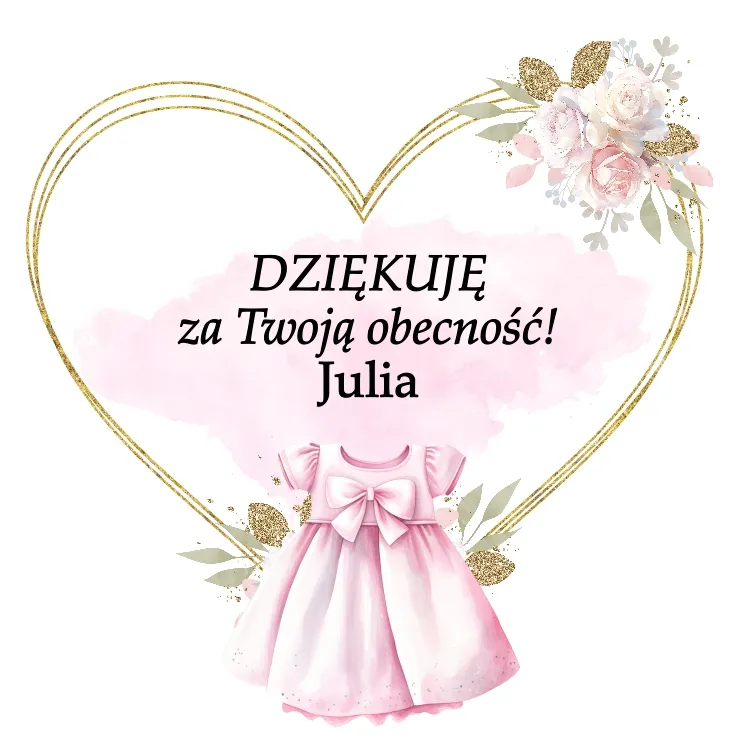 Grafika z podziękowaniami w różowej sukience dla dziecka i kwiatowymi akcentami, wyrażająca wdzięczność dla uczestników chrztu, personalizowana  imieniem