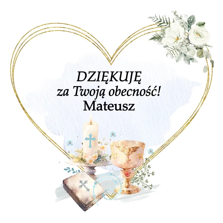Uniwersalna grafika dla chłopczyka z serduszkiem na niebieskim tle z motywami na chrzest święty