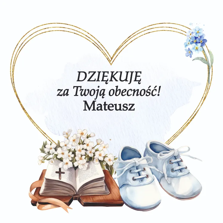 Grafika na chrzest chłopca Buciki dziecięce obok otwartej Biblii z krzyżem, otoczone kwiatami 
