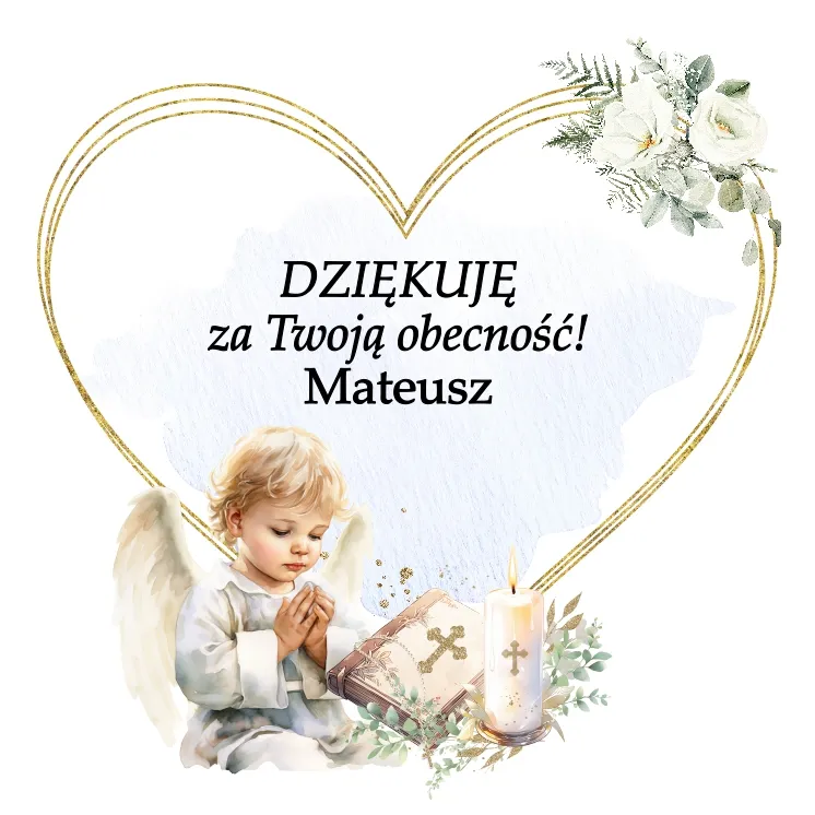 Grafika z ilustracja małego aniołka w modlitewnej pozie, Biblia i świeca z krzyżem