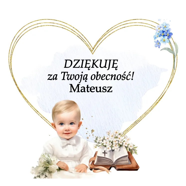Grafika chłopczyka w białym stroju do chrztu z Biblią i kwiatami