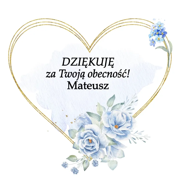 Niebieskie kwiaty w ramce w kształcie serca z personalizowanym tekstem na podziękowanie za przybycie na chrzest 