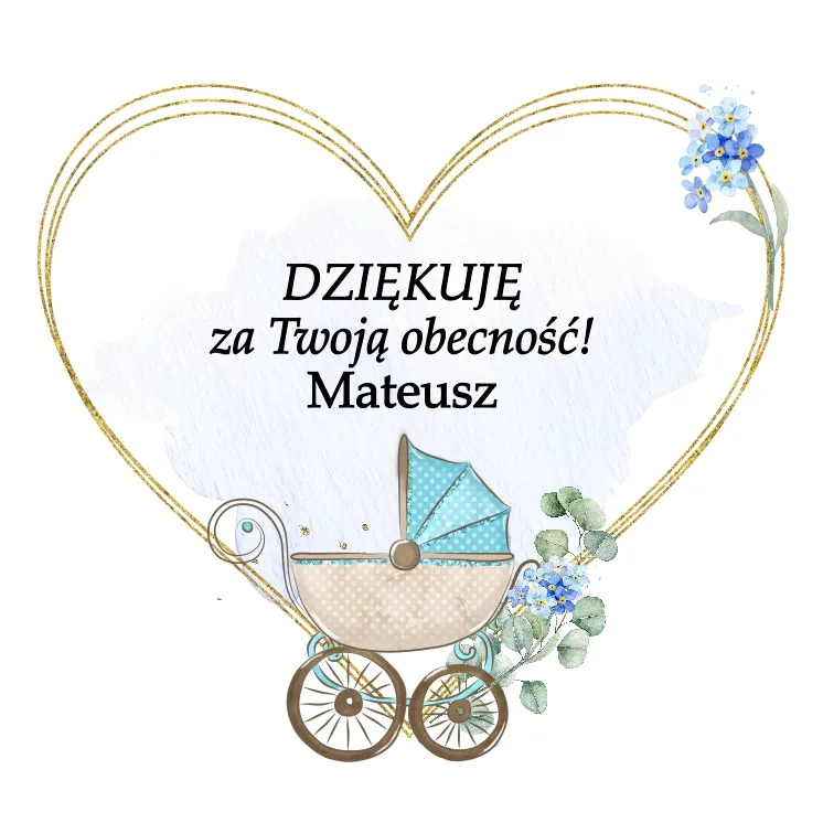 Grafika podziękowania dla gości chrztu świętego w postaci rniebieskiego wózka dziecięcego i dekoracji kwiatowej, spersonalizowanego imieniem chłopca