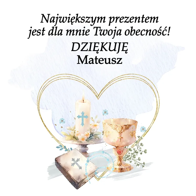Uniwersalna grafika dla chłopczyka z serduszkiem na niebieskim tle z motywami na upominek dla gości chrztu świętego