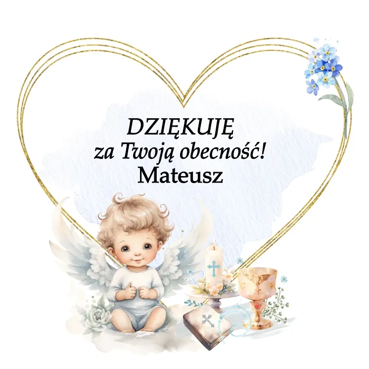 Grafika chłopczyka aniołka otoczony niebieskim tłem 