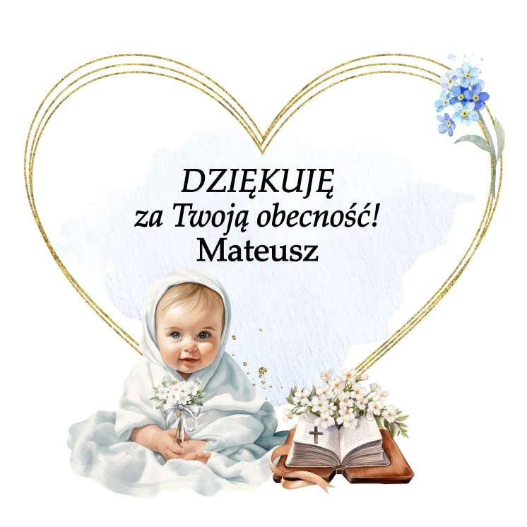 Uniwersalna grafika z chłopcem na tle serduszka na niebieskim tle z motywami na chrzest święty