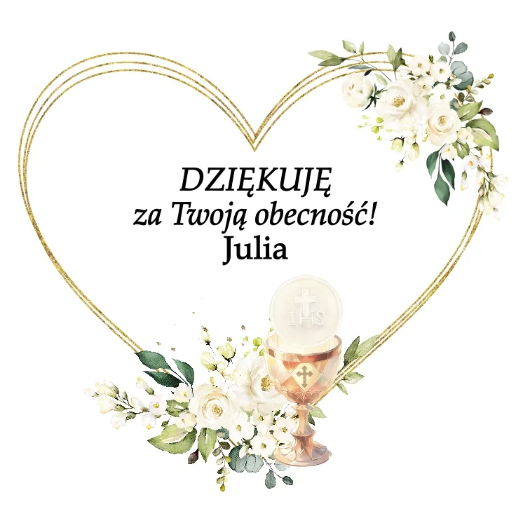 Grafika z ramką w kształcie serca ozdobiona zielono białymi kwiatkami, z podziękowaniem za chrzest dziecka i tekstem