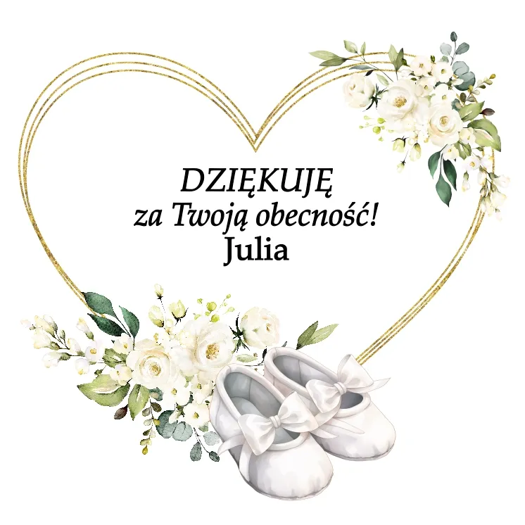 Ramka w kształcie serduszka ozdobiona białymi bucikami, podziękowaniem za chrzest dziecka i tekstem
