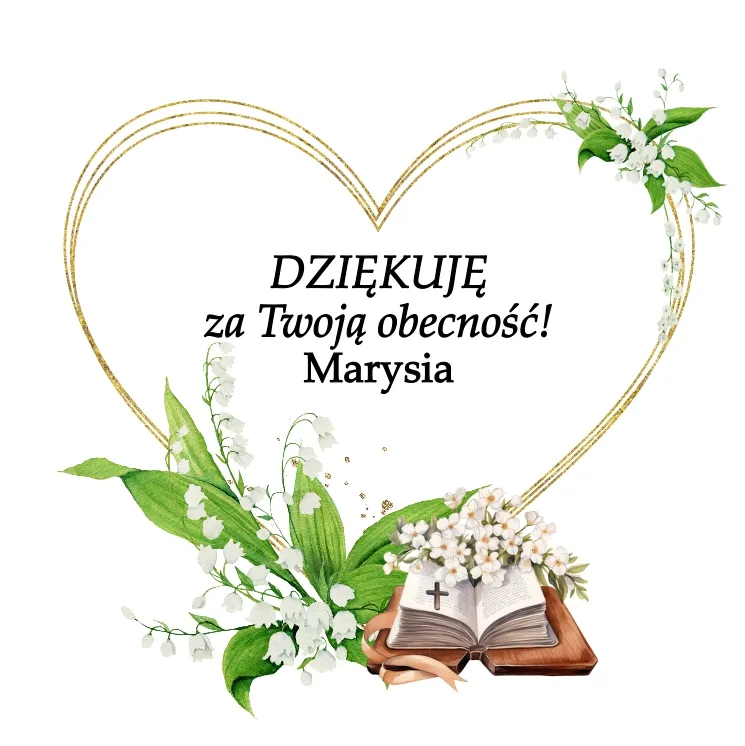 Ramka w kształcie serca ozdobiona biblią i kwiatami z podziękowaniem za chrzest dziecka i tekstem