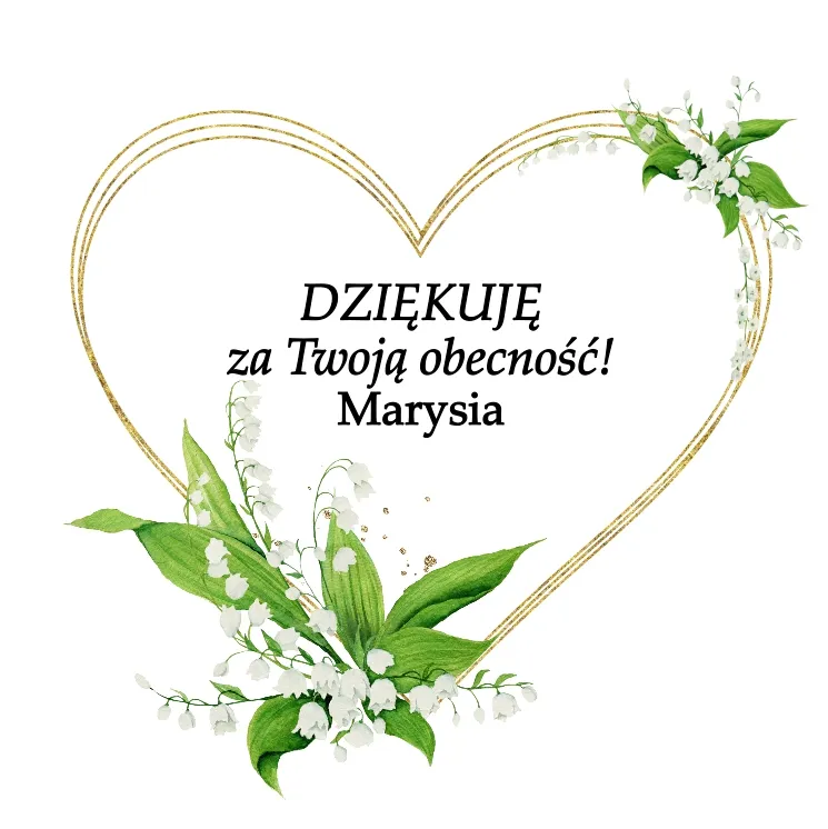 Grafika w kształcie serca ozdobiona zielonymi kwiatami podziękowaniem za chrzest dziecka i tekstem