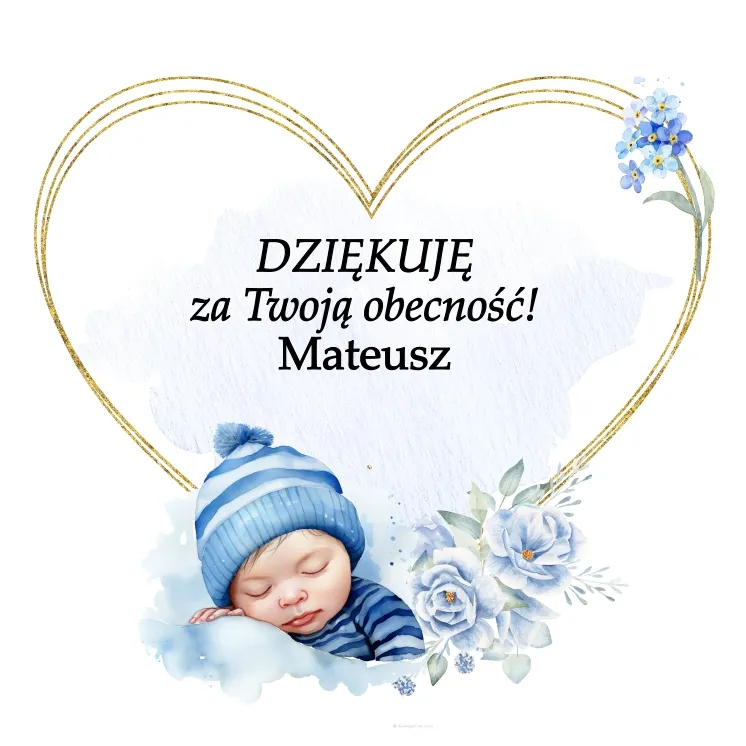 Grafika podziękowaniami dla gości chrztu, przedstawiająca niemowlę owinięte w niebieski kocyk z bukietem jasno-niebieskich kwiatów, 