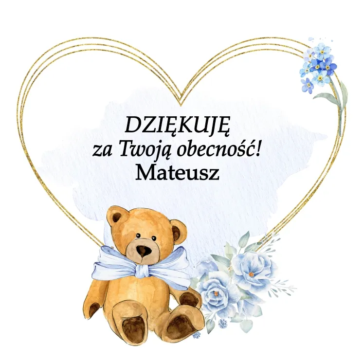 Grafika z podziękowaniami dla gości chrztu, z świecą, misiem i kwiatami