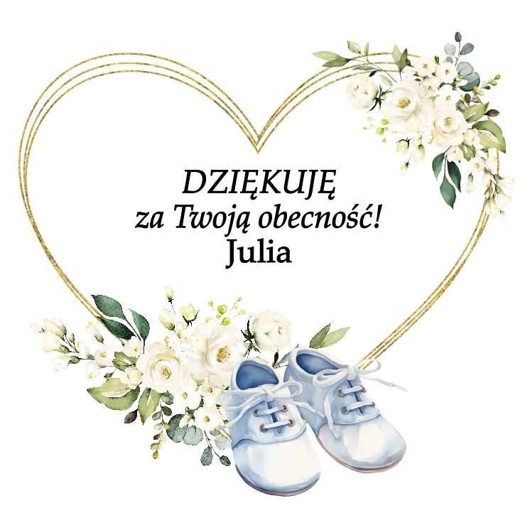 Ramka w kształcie serca z białymi kwiatami i uroczymi niebieskimi bucikami, idealna, grafika z okazji chrztu personalizowana napisem np. 'Dziękuję za Twoją obecność