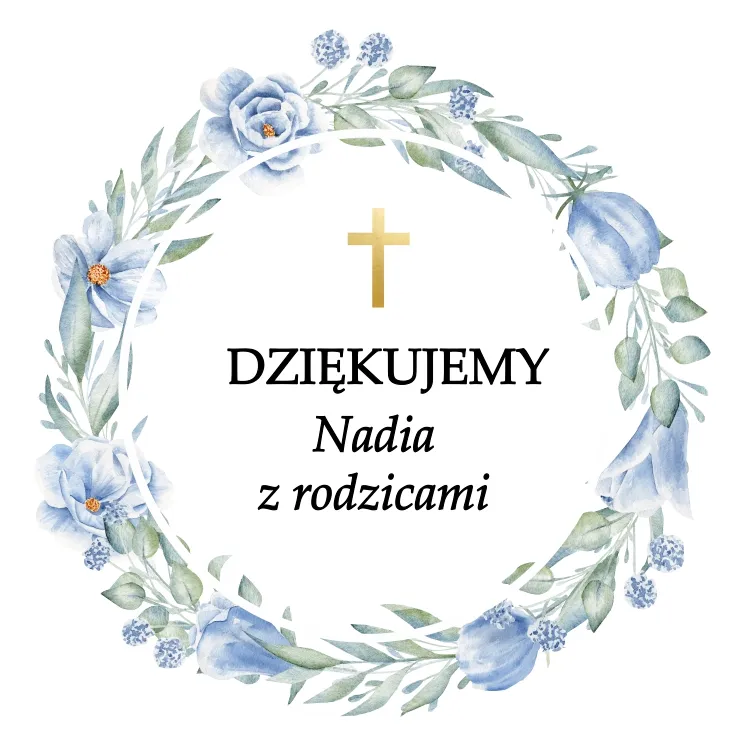 Elegancki wianek kwiatowy w odcieniach niebieskiego ze złotym krzyżem, z napisem „Dziękujemy” na podziękowania z okazji chrztu, zaprojektowany na specjalną okazję