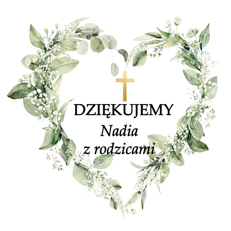 Elegancki wianek kwiatowy w kształcie serca ze złotym krzyżem, z napisem