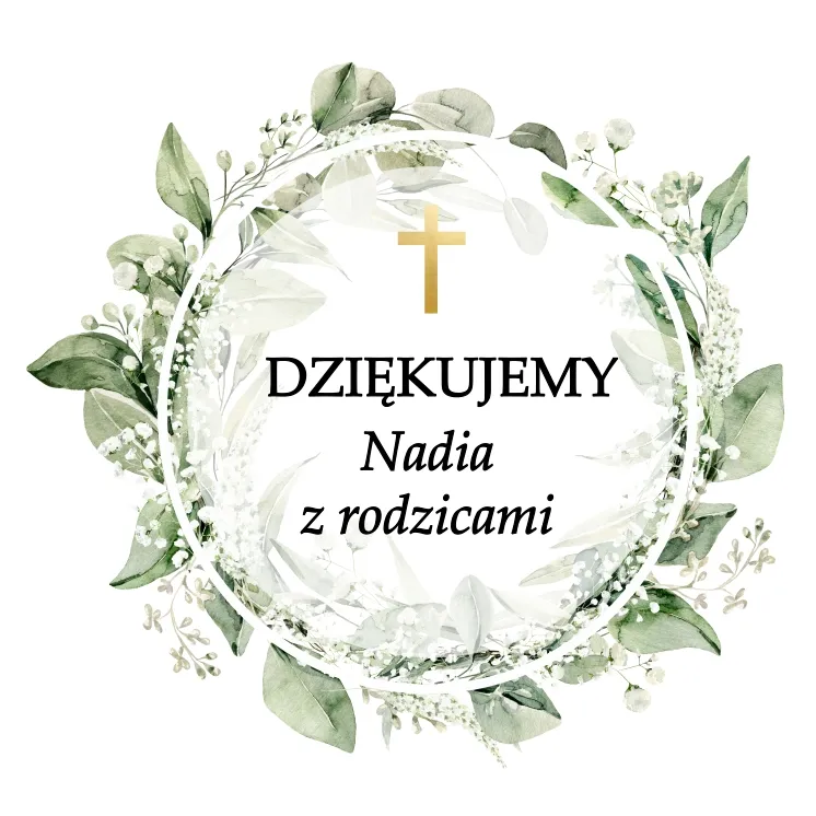 Piękny wianek wykonany z zieleni i kwiatów konwalii, ze złotym krzyżem, z napisem