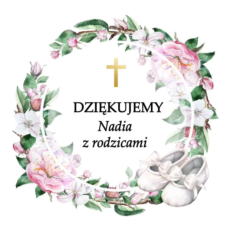 Wianek kwiatowy w kształcie serca z konwalią i zielenią, ze złotym krzyżem, bucikami, idealny do personalizacji podziękowań na chrzest