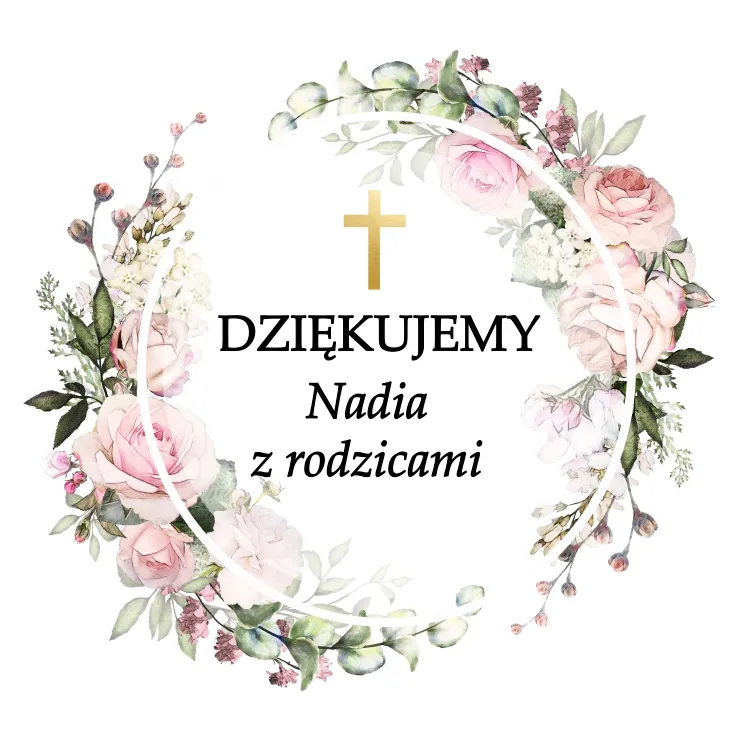 Wianek kwiatowy z różowymi kwiatami i złotym krzyżem, zaprojektowany z myślą o podziękowaniach po chrzcie, personalizowany „Dziękujemy + Imię dziecka z rodzicami