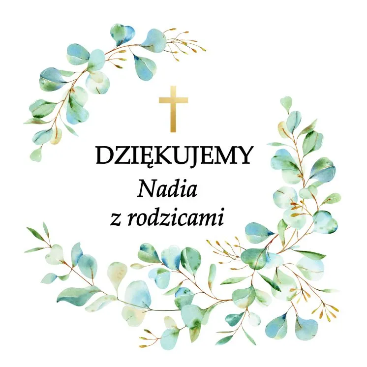 Piękny wianek z białych kwiatów i zieleni, ze złotym krzyżem pośrodku, idealny na upominek z podziękowaniami z okazji chrztu, z tekstem „Dziękujemy