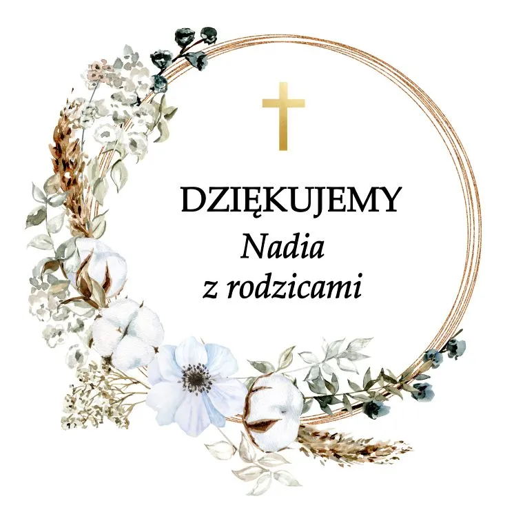 Grafika na podziękowanie dla gości na chrzcie, przedstawiające wieniec z białych kwiatów i złoty krzyż