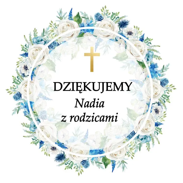 Kwiatowa grafika z podziękowaniami z niebieskimi i białymi kwiatami, złotym krzyżem i eleganckim napisem dla gości na chrzcie