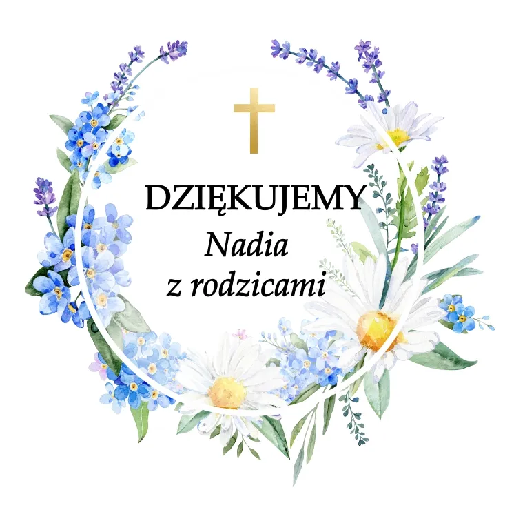 Kwiatowy wianek z podziękowaniami, z niebieskimi kwiatami niezapominajek i białymi stokrotkami, ozdobiony złotym krzyże