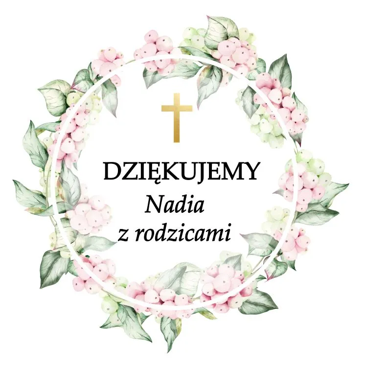 Motym graficzny na upominek na chrzest z różowymi i białymi kwiatami, ze złotym krzyżem w środku