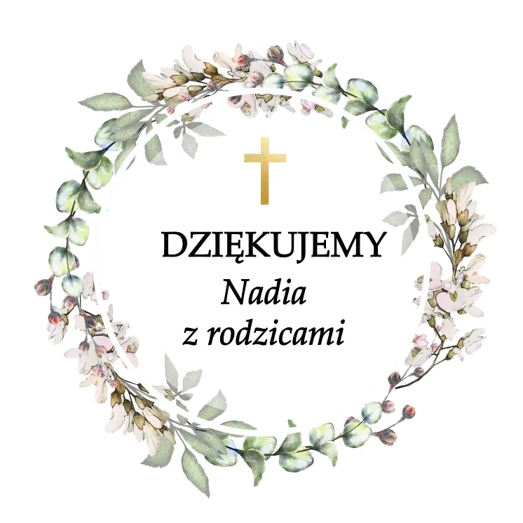 Grafika na upominek z okazji chrztu z jasnoróżowymi kwiatami i złotym krzyżem, umieszczona w okrągłym wieńcu kwiatowym
